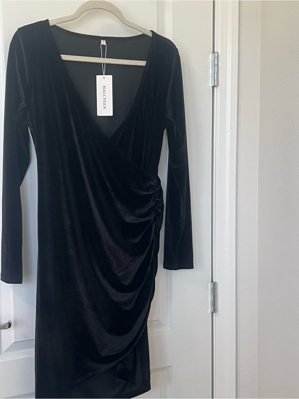 Halogen Black Velvet Ruched Wrap Long-Sleeve Dress